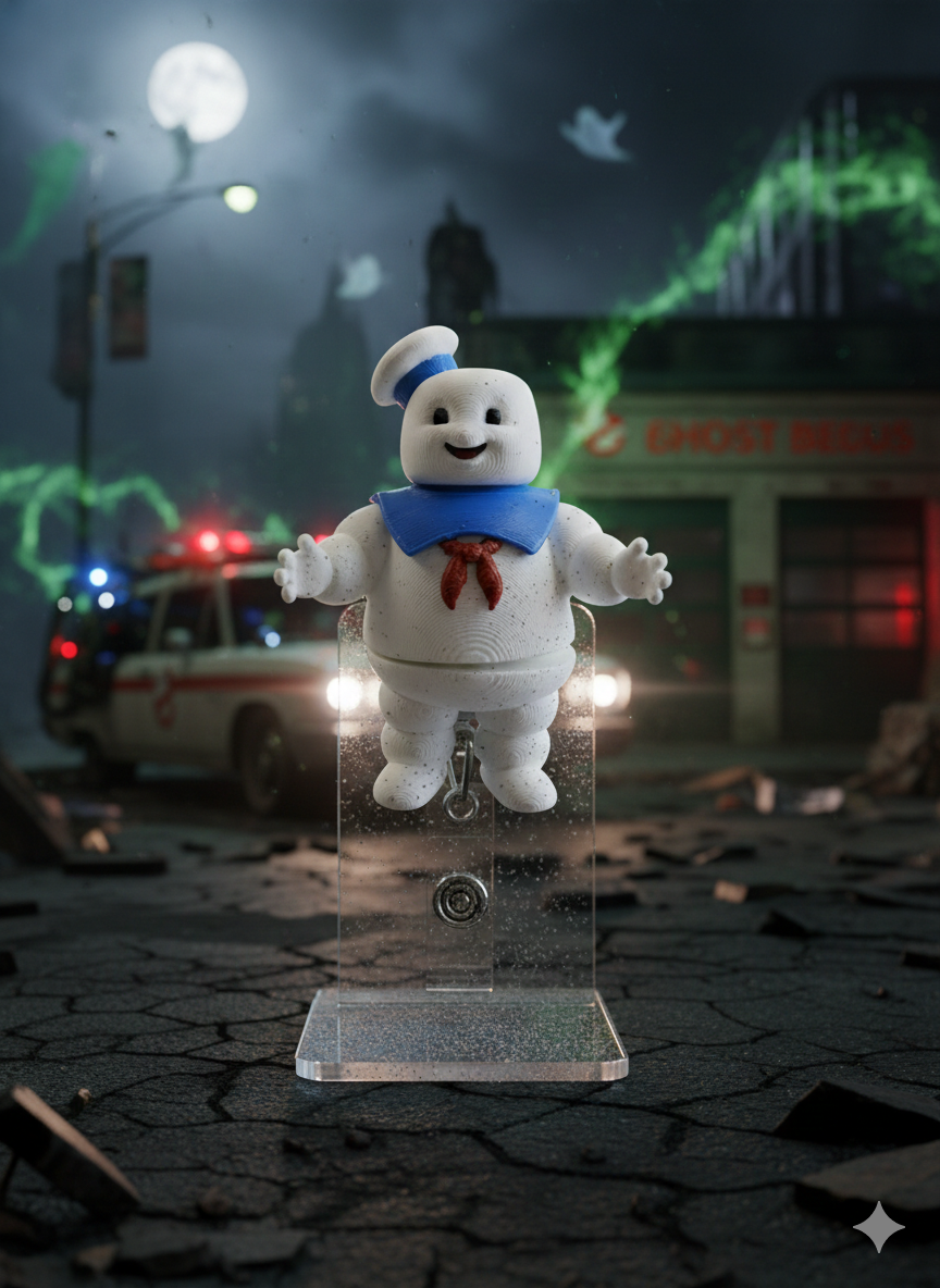Ghostbusters Stay Puft Marshmallow Man figure in front of a dark, urban scene with police car and building.