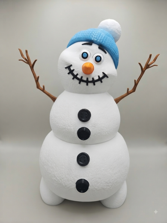 Plush snowman decoration with blue knit hat, orange nose, twig arms, three black buttons