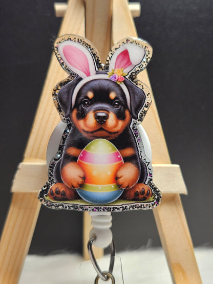 Easter Rottweiler Dog Badge Reel