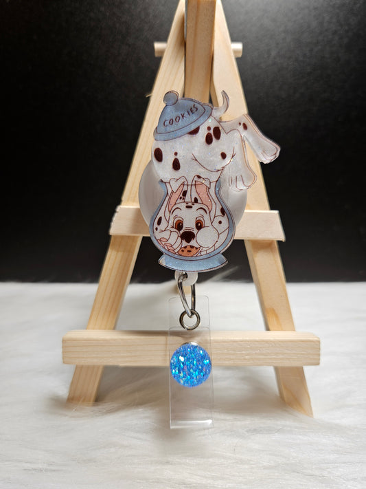 Dalmatian badge reel with metal charm holder and glitter blue retractable reel