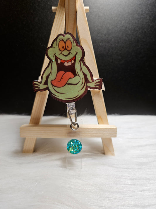 Slimmer badge reel with metal clip and cartoon alligator charm on turquoise bead