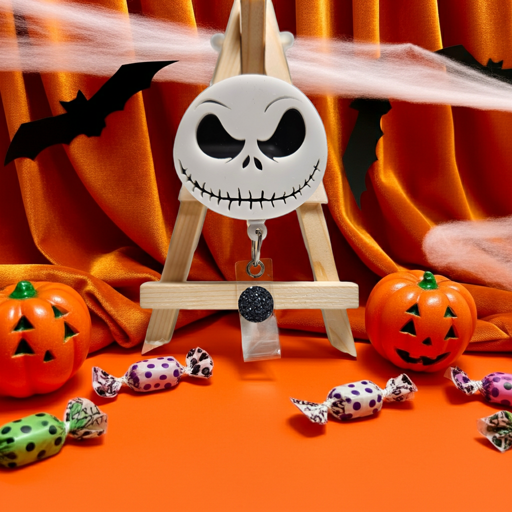 Jack Skellington face badge reel from Nightmare Before Christmas