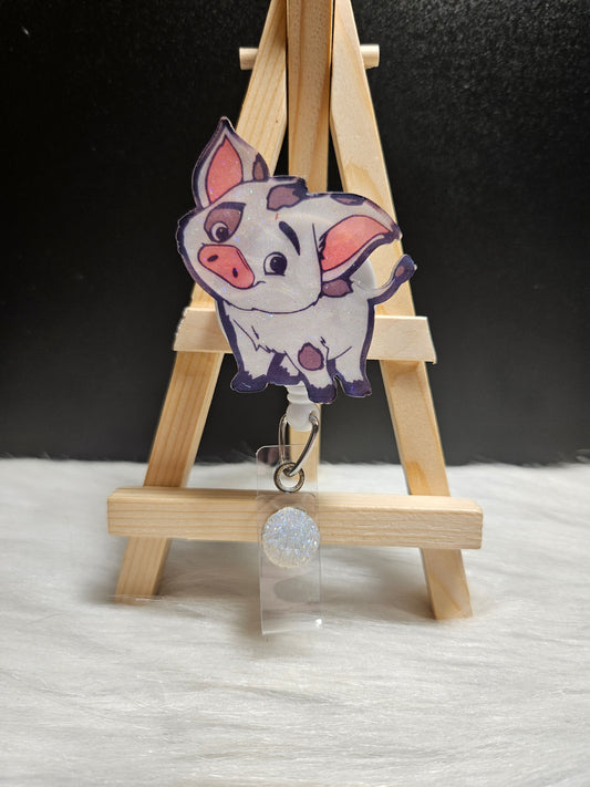 Moana pig character badge reel with metal keyring clip and clear round charm