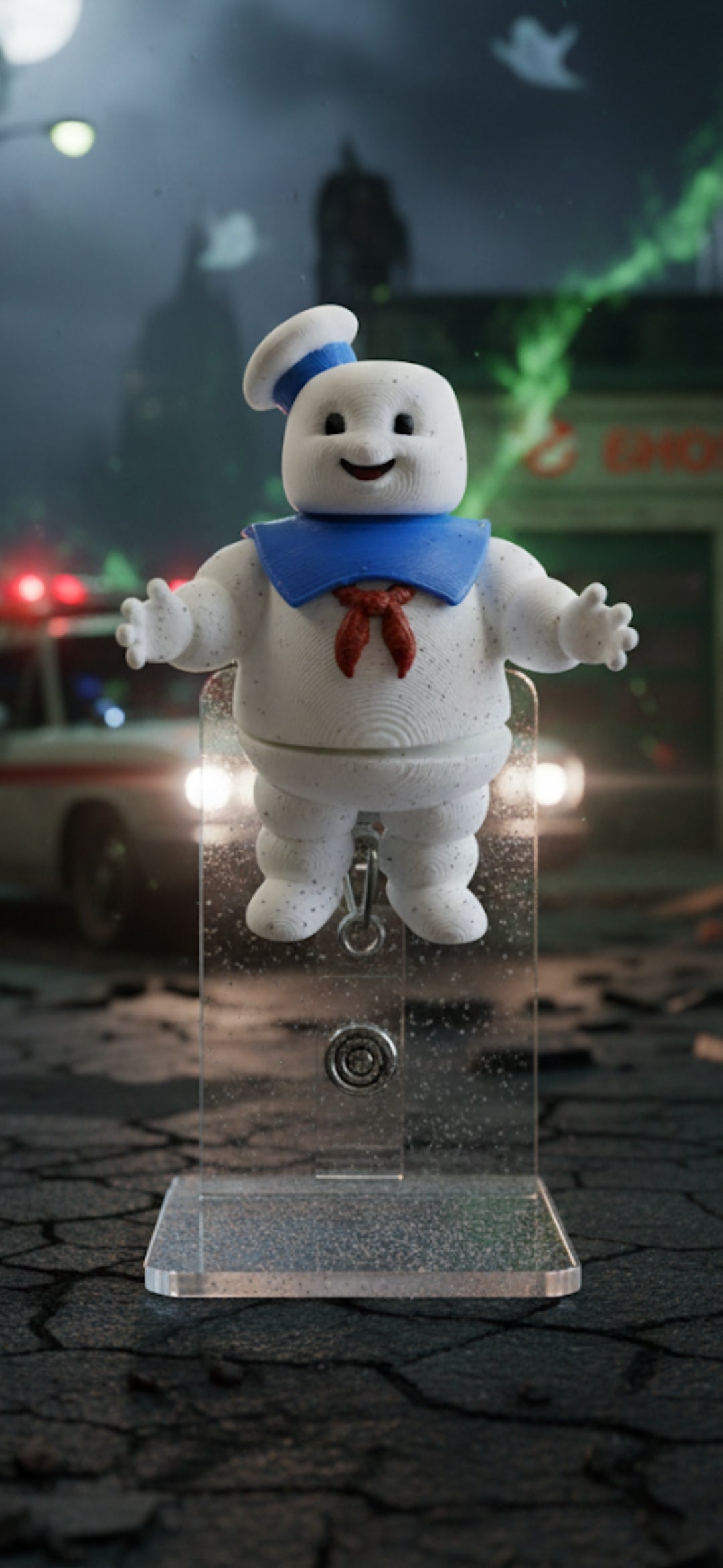 Stay Puft Marshmallow Man figure on a stand with a city street background