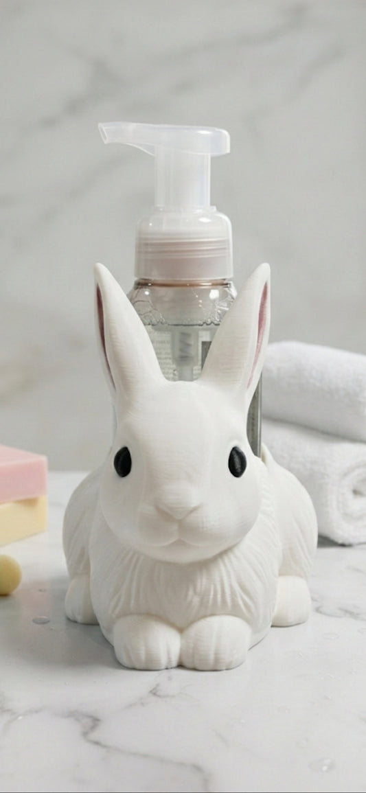 White 3D printed rabbit soap holder with clear pump dispenser