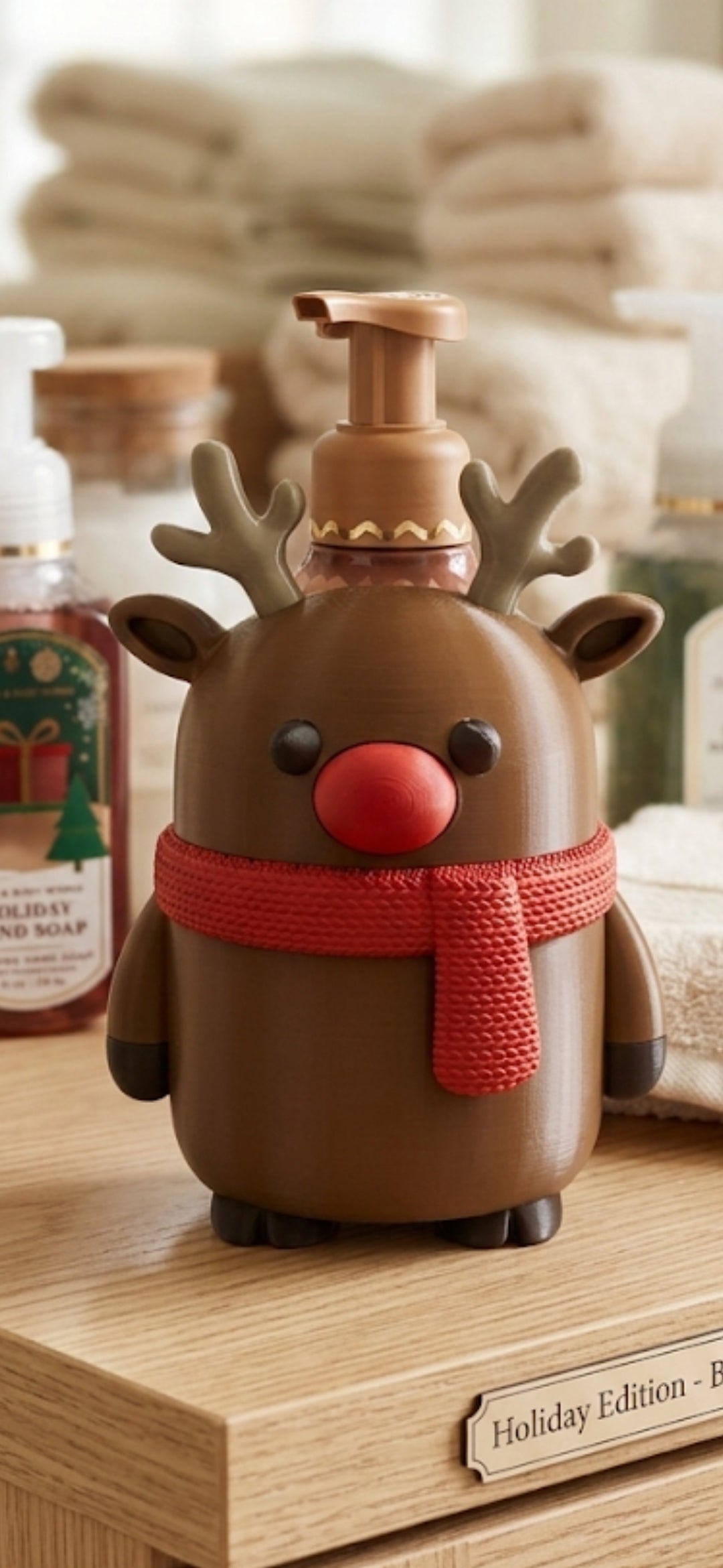 A brown pump bottle shaped like a reindeer, with antlers, a red nose, and a red knit scarf, sitting on a wooden surface in a softly blurred holiday-themed setting.