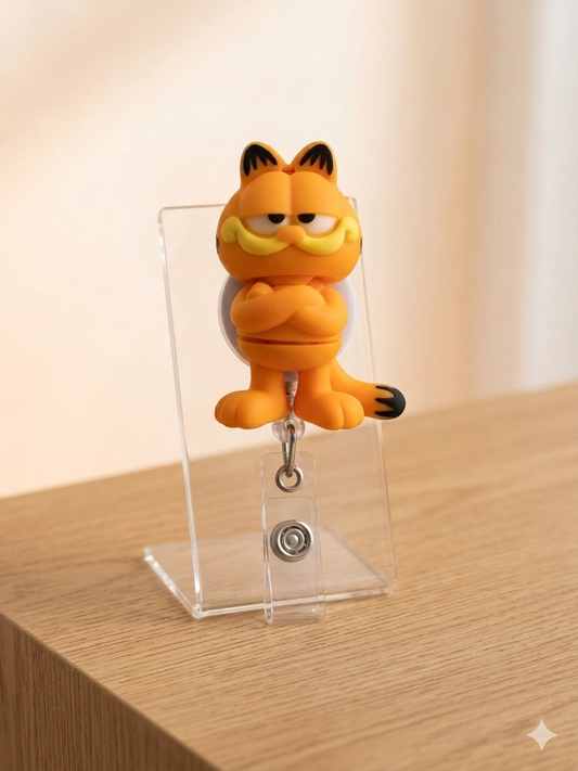 3D printed Garfield badge reel with orange cat charm and metal reel mechanism