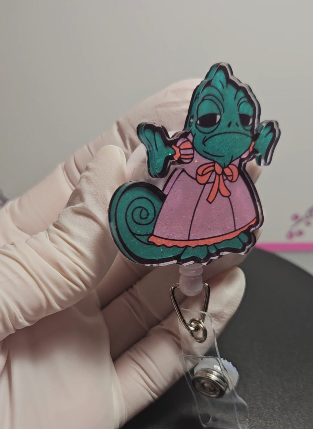 Pascal green chameleon badge reel from Disney Tangled
